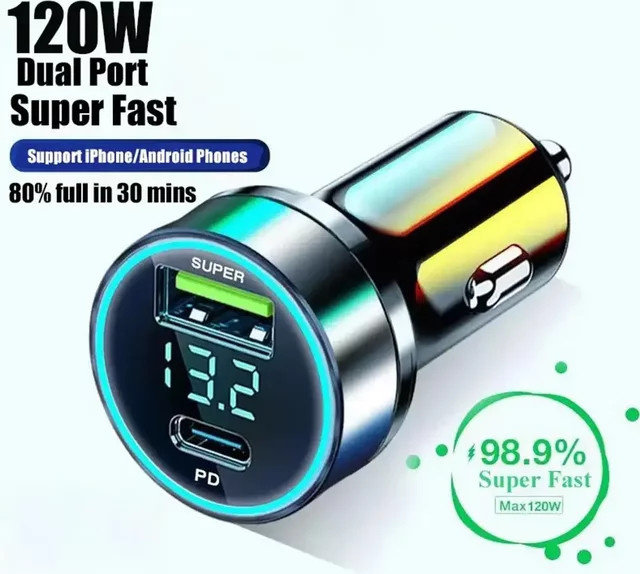 WALKESEN 120 W USB Auto Ladegerät mit Digital Display, Schnelles PD Ladegerät mit 2 USB-C Ports, Schwarz - Bild 1