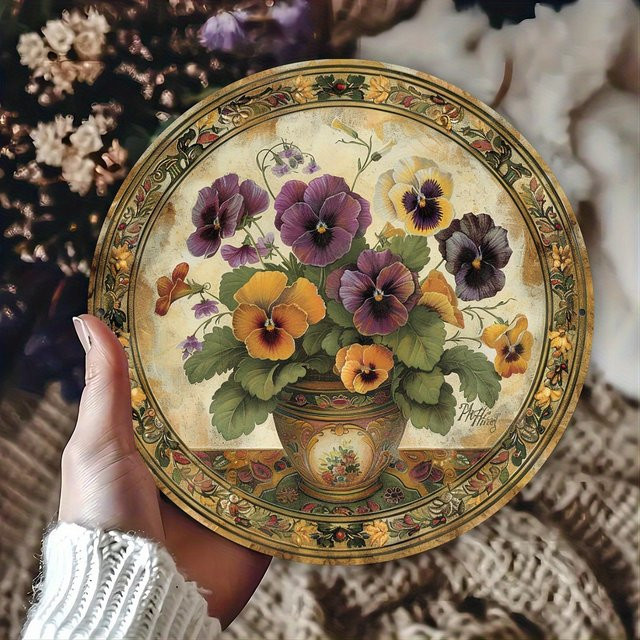 Potdemiel Stiefmütterchen Wandkunst im Vintage-Stil, rundes Metallschild mit floralem Blumenmuster, Mehrfarbig, Durchmesser: 20,3 cm - Bild 1