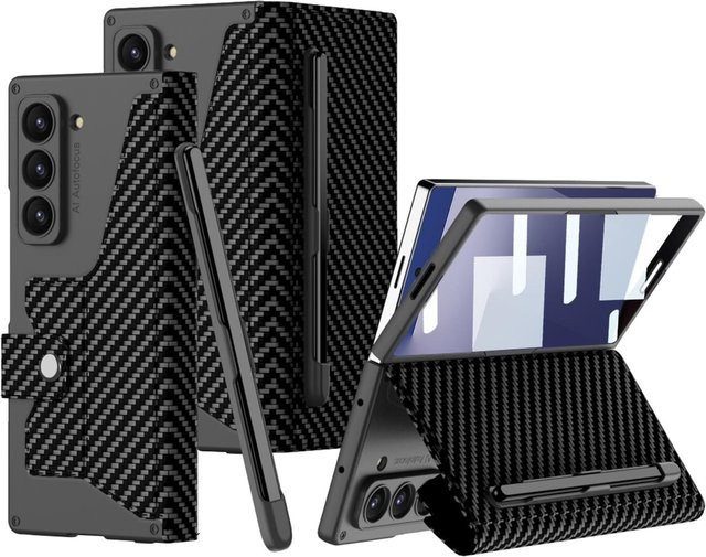 Samsung Galaxy Z Fold7 5G GKK Armor Flip Leder Hülle mit Stifthalter in Schwarz mit Carbon-Optik - Bild 1