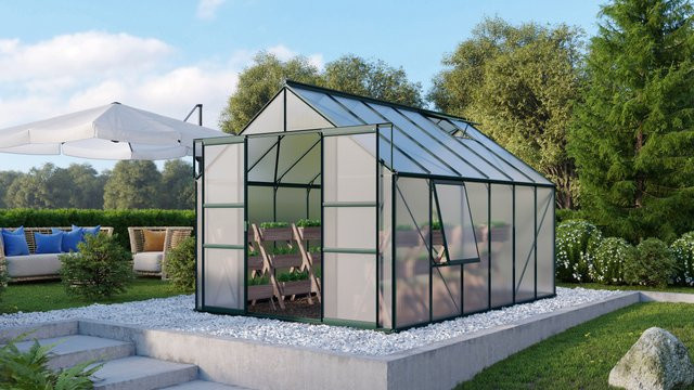 Vitavia Gewächshaus Meridian 9900 in Smaragdgrün mit 9,9 m² Fläche, Polycarbonat-Platten und Doppelschiebetür - Bild 1