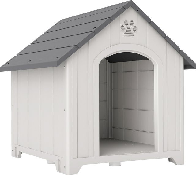 PawHut Außen-Hundehütte aus wasserfestem Kunststoff in Grau mit Holzmaserungsoptik, B/T/H: 88 x 79 x 89 cm - Bild 1