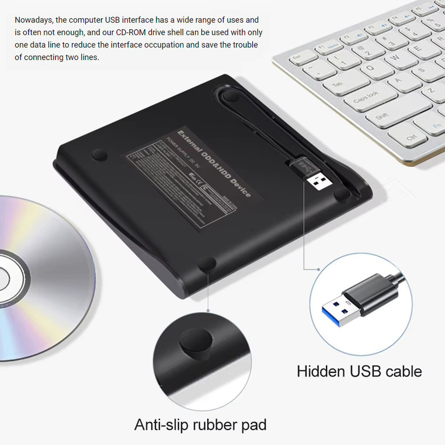 VODOOL Externes Optisches Laufwerksgehäuse für DVD und CD, USB 3.0, 5Gbps, Schwarz, 12,7mm - Bild 4