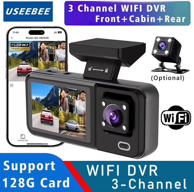 USEEBEE 3-Kamera Dashcam mit WLAN und 1080P Auflösung, Dreikanaliger Fahrzeugrekorder in Schwarz - Bild 1