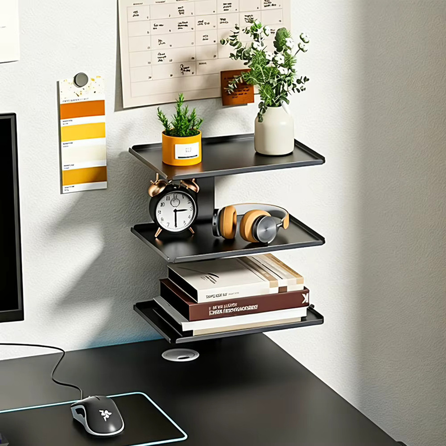 HGTUGO 3-lagiges Schreibtisch-Aufbewahrungsregal aus Metall in Schwarz zum Anklemmen mit verstellbarem Seitenregal und rutschfester Ablage - Bild 2