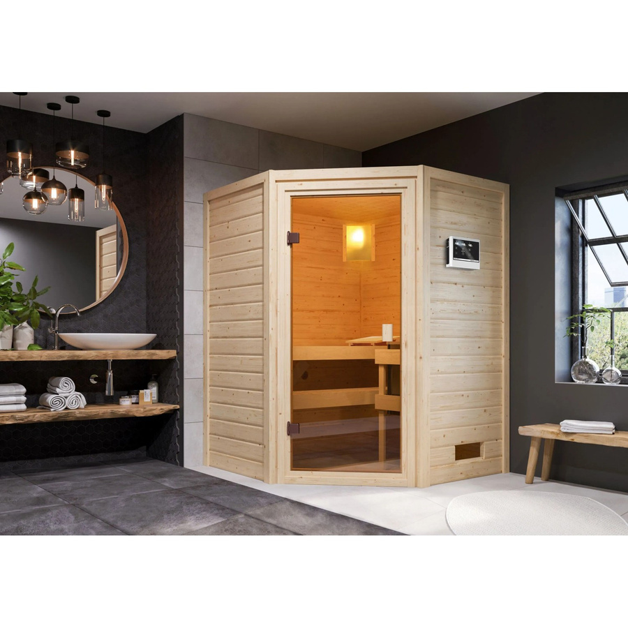Woodfeeling Massivholzsauna Antonia in Bronze mit 9 kW Ofen und externem Steuergerät, B/T/H: 145 x 145 x 187 cm - Bild 2