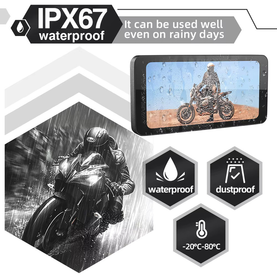 AKAMATE Motorrad Monitor mit 6,5 Zoll IPS Display, Drahtloses CarPlay und Android Auto, Wasserdichtes GPS Navigationsgerät mit Bluetooth in Schwarz - Bild 3