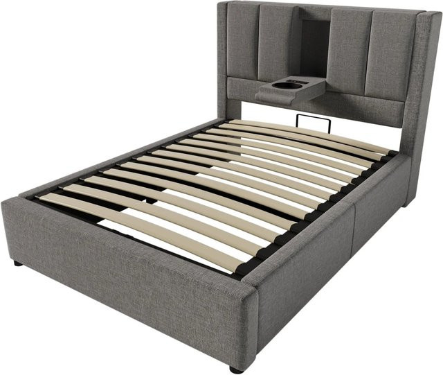 Merax Polsterbett mit Stauraum und USB-Ladeport in Grau, B/T/H: 90 x 200 x 115 cm - Bild 1