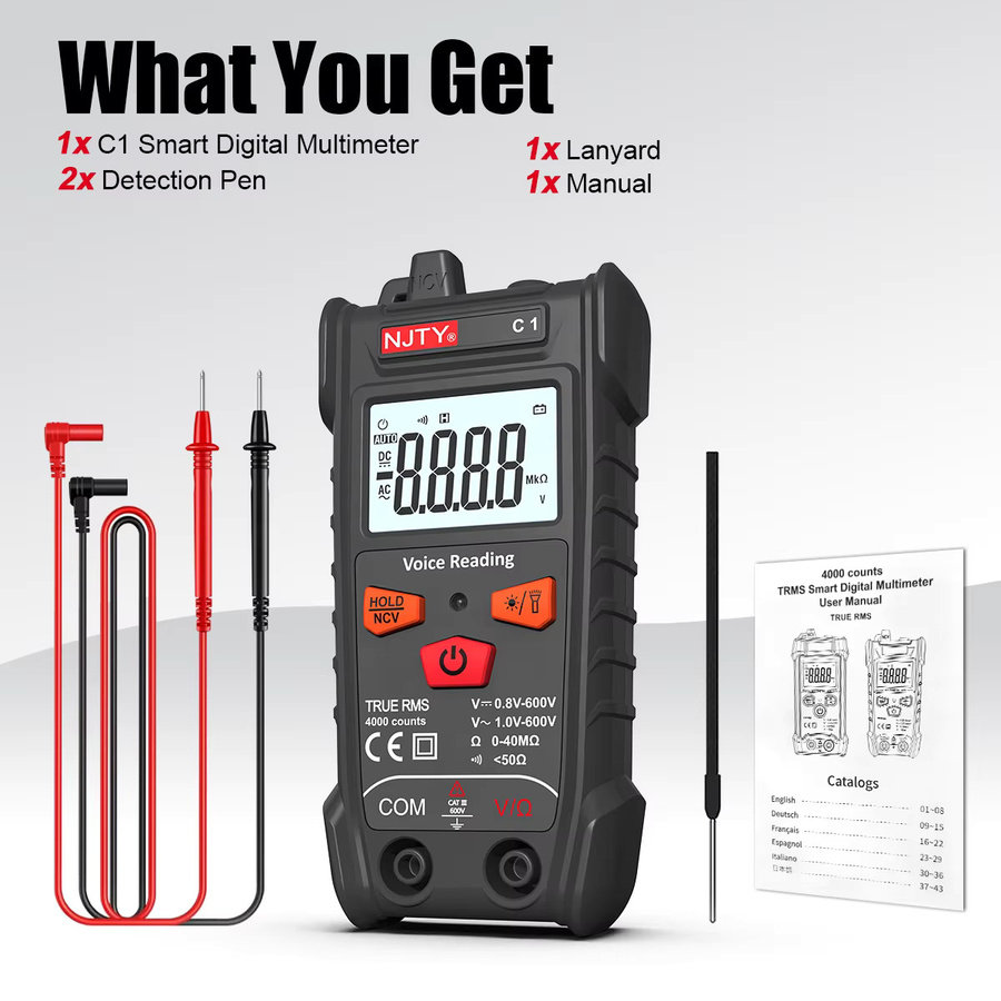 NJTY C1 Digitalmultimeter in Schwarz mit 4000 Zählungen, TRMS, AUTO-Reichweite und hintergrundbeleuchtetem LCD für AC/DC-Spannung und Widerstand - Bild 6