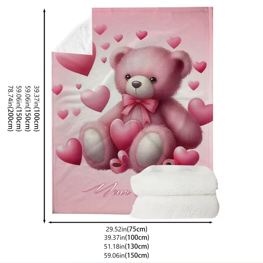 Personalisierte ZIZ Kuscheldecke mit rosa Bären-Design und Herzen in Pink - Bild 2