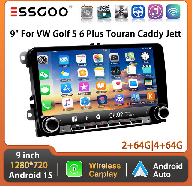 ESSGOO Android 15 Autoradio mit 9 Zoll Display, 64GB Speicher, kabelloses CarPlay, GPS, Wi-Fi und USB-C für VW Golf 5 6 Plus, Touran und Caddy in Schwarz - Bild 1