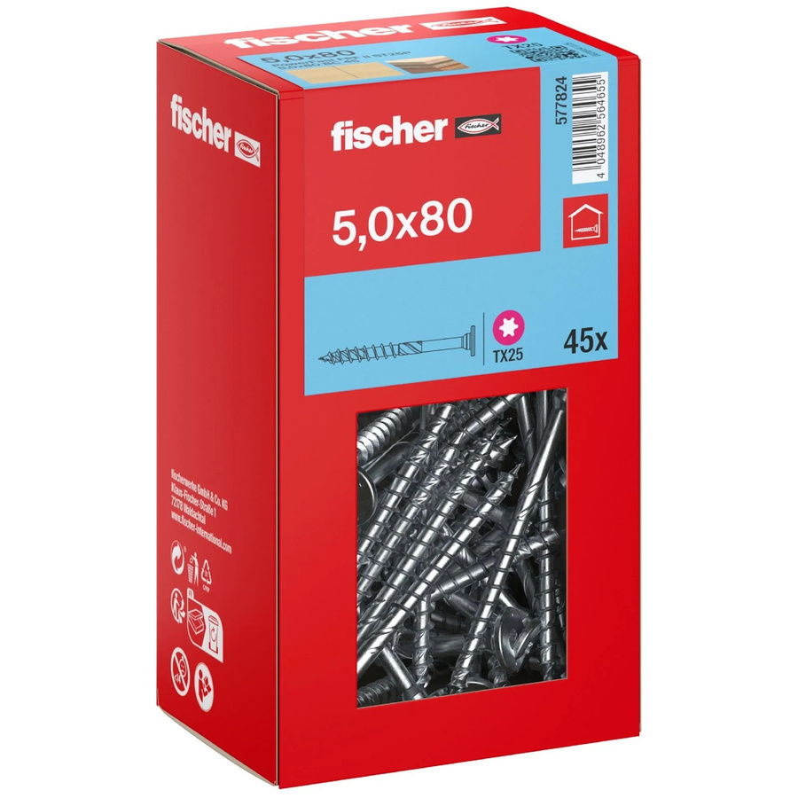 Fischer Holzbauschraube mit Stufensenkkopf und Torx TX25, Teilgewinde, Durchmesser: 5 mm, Länge: 80 mm, 45 Stück - Bild 2