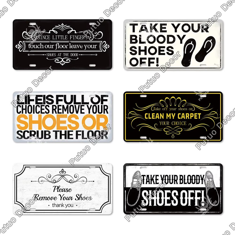 Putuo Dekor Vintage Zinnschild Bitte Schuhe ausziehen Wanddekoration aus Metall in Schwarz und Weiß, B/H: 30,0 x 30,0 cm - Bild 1