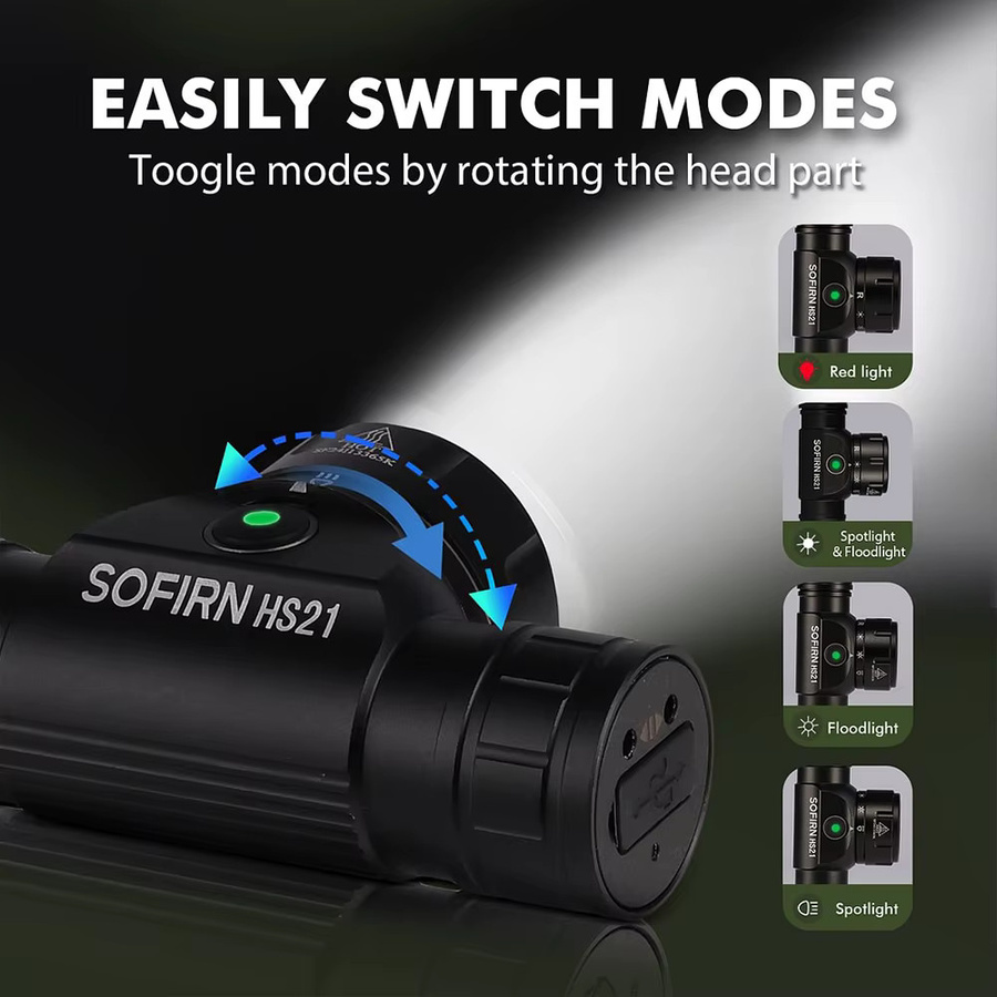 Sofirn HS21 SFT40 LED Stirnlampe mit 2000 lm, rot/schwarz, wiederaufladbar via USB-C mit Bewegungssensor - Bild 5