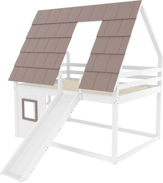 okwish Etagenbett mit Dach, Leiter und Rutsche für das Kinderzimmer in Weiß und Braun, B/T/H: 200 x 140 x 210 cm - Bild 1