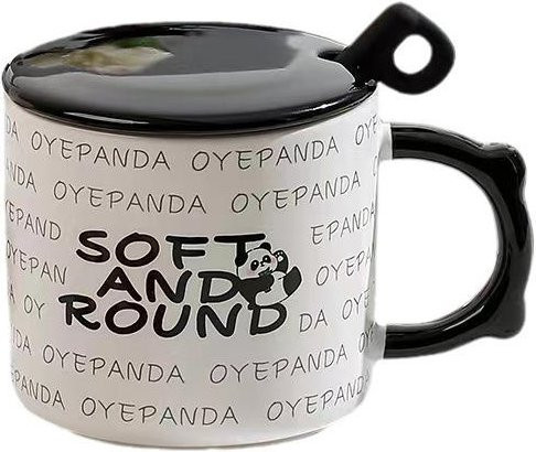 Yiran Furniture Keramiktasse mit Panda-Motiv, grau und weiß, inklusive Deckel und Löffel, Fassungsvermögen 380 ml - Bild 1