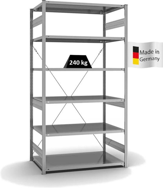 PROREGAL Fachbodenregal Stecksystem T-Profil Medium-Duty Grundregal, verzinkt, Farbe: Silber, H x B x T: 250 x 130 x 80 cm, 6 Ebenen, Fachlast 240 kg, einseitig nutzbar - Bild 1