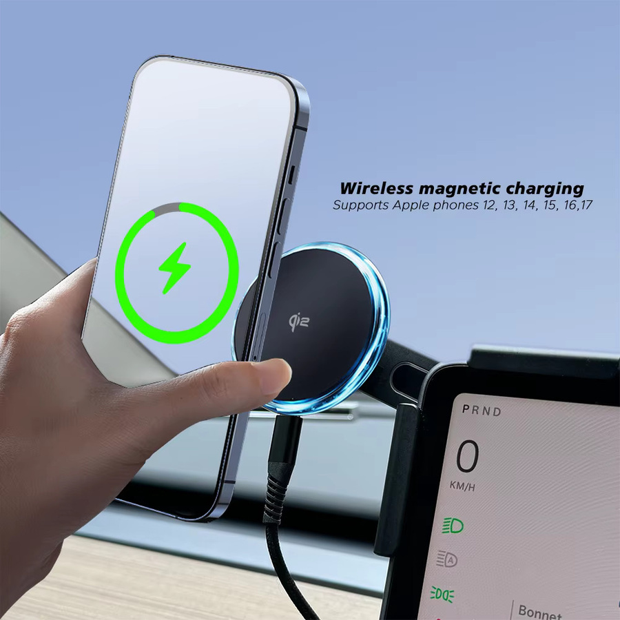 TESY Qi2 15W Magnetisches kabelloses Ladegerät mit Handyhalterung und Bildschirmhalterung in Schwarz, kompatibel mit MagSafe für Tesla Model Y, Model 3 Highland und Juniper - Bild 3