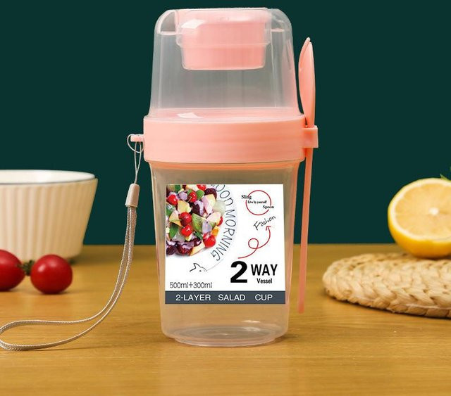 Bento Box Frühstücksbox Set in Rosa mit Gabel, Deckel und Soßenbecher für Müsli, Joghurt oder Salat - Bild 1