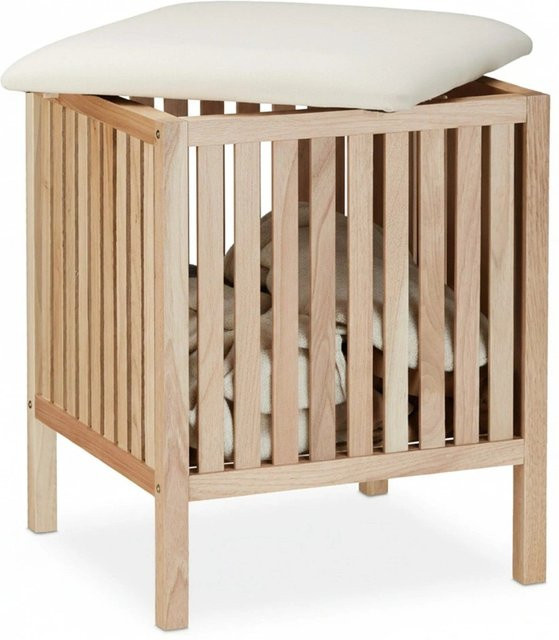 Relaxdays Wäschekorb mit Sitz aus Walnussholz und Stoff in Weiß, H: 51 cm, B: 41 cm, T: 41 cm - Bild 1