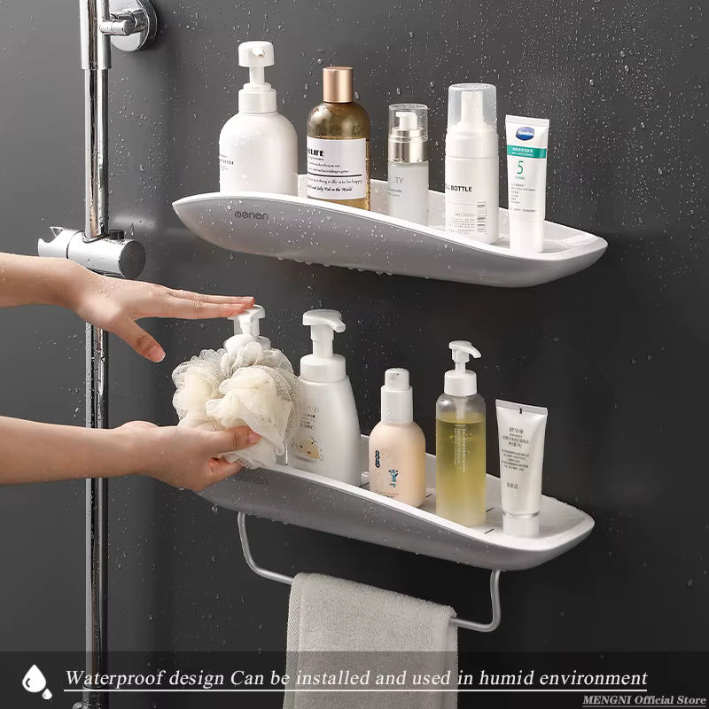 MENGNI Badezimmerregal in Weiß, Eckregal zur Wandmontage ohne Bohren, Organizer für Dusche und Toilette aus Kunststoff in Matt-Optik - Bild 2