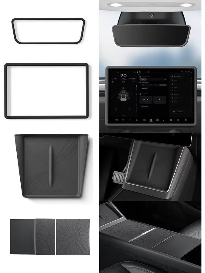 Beworth Zubehör Set für Tesla Modell Y Juniper 2025: Mittelkonsole Pad, Drahtloses Ladegerät, Silikon Matte, Bildschirm Rand Rahmen und Rückspiegel Abdeckung in Schwarz - Bild 4