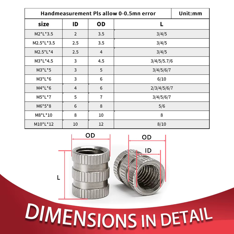Edelstahl Einsatzmuttern für 3D-Druck und Spritzguss, Set in Silber, verschiedene Gewindegrößen M2 bis M10 - Bild 2