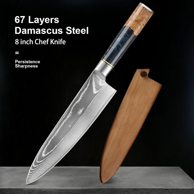 Baovim Profi-Küchenmesser aus 67-lagigem Damaststahl mit farbigem Holzgriff, 20,32 cm - Bild 1