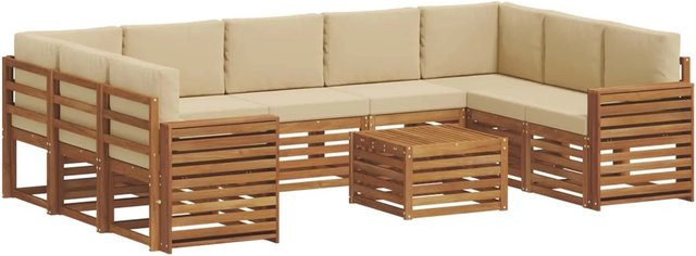 vidaXL Sofagarnitur aus Massivholz Akazie in Natur und Beige, 10-teiliges L-Shape Gartenmöbel-Set mit wetterfesten Kissen - Bild 1