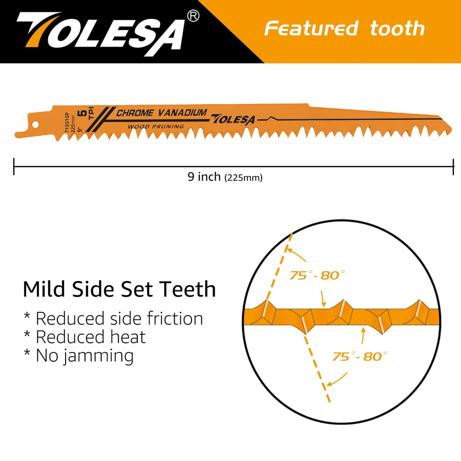 TOLESA 5er Set Holz-Säbelsägeblätter 225 mm für Holz und PVC-Rohre mit 5 TPI aus CRV-Stahl - Bild 2