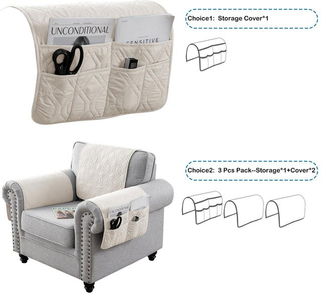 Set aus 3 wasserdichten gesteppten Sofaarmlehnenbezügen mit Aufbewahrungstasche, beige, elastischer Stretch-Stoff für Couch und Sessel - Bild 1