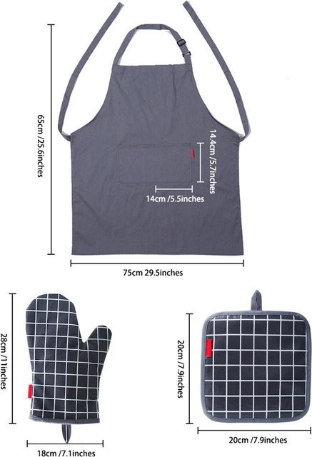 KONNWEI Set aus 5 Stück Topflappen, Topfuntersetzer mit Tasche und Schürze, silikonbeschichtete Oberfläche, hitzebeständig, grau - Bild 1