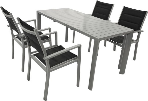 DEGAMO Gartenmöbel Garnitur BAGO 5-teilig aus Aluminium in Silbergrau mit schwarzem Kunstgewebe, ausziehbar, Tisch B: 120 cm, T: 70 cm, H: 42 cm
