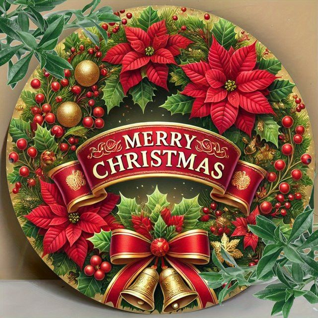 Potdemiel Rundes Metallschild mit Weihnachtsstern-Blatt-Muster für Wanddekoration, Durchmesser: 20 cm - Bild 1