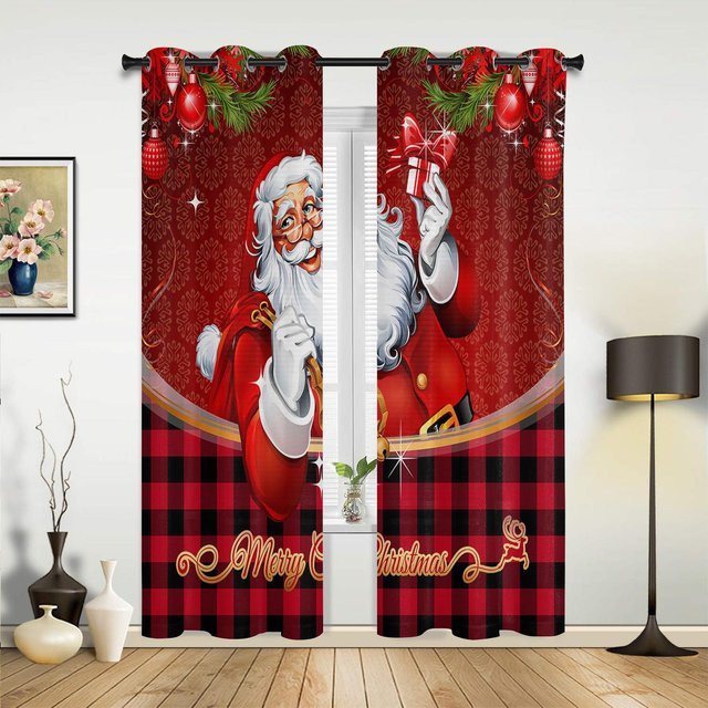 Weihnachts Vorhänge mit Cartoon Santa Claus und Weihnachtsbaum in Rot und Grün, 2er-Set aus Polyester mit Ösen, Breite: 60 cm, Höhe: 100 cm - Bild 1