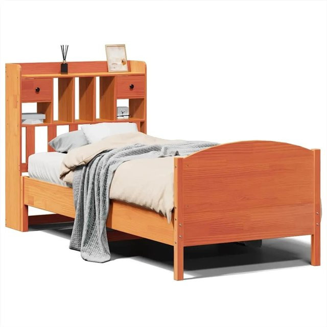 vidaXL Massivholzbett aus Kiefernholz mit Kopfteil und Regal in Braun, B/T/H: 75 x 190 x 110 cm - Bild 1