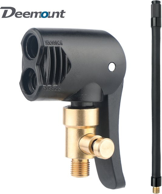 DEEMOUNT 2-in-1 Doppelkopf-Adapter für FV/AV-Ventile mit Luftschlauch und Tire Quick Inflator in Schwarz - Bild 1