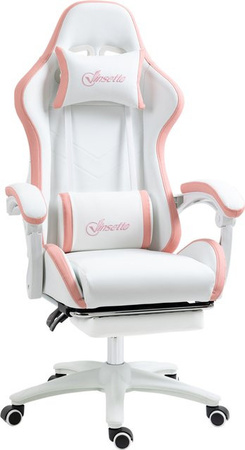 Vinsetto Ergonomischer Gaming-Stuhl aus PU-Leder und Stahl mit Kopfstütze und Höhenverstellung, Gaming-Sessel in Weiß und Rosa, B/T/H: 65 x 65 x 121-129 cm, Aosom