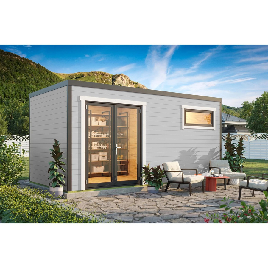 Lasita Holz-Gartenhaus Sardinia Blockbohlenhaus mit Flachdach in Lichtgrau, B/H/T: 500 x 239,4 x 250 cm - Bild 2