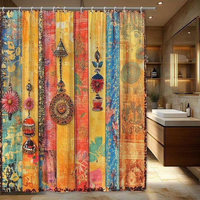 VIKAMA Duschvorhang Vintage Bohème-Druck in Multicolour, Indischer Stil aus Polyester, B: 90 cm, H: 180 cm - Bild 1
