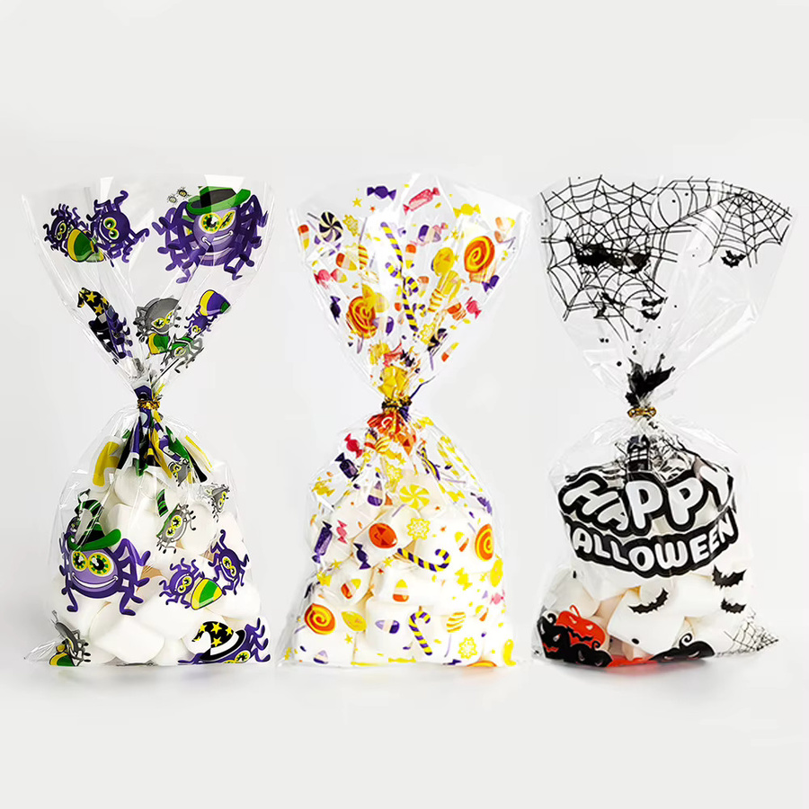 50 Stück Halloween Zellophan Tüten mit Kürbis, Schädel und Fledermaus Motiven, transparente Plastiktüten für Süßigkeiten und Geschenke zur Party Dekoration - Bild 2