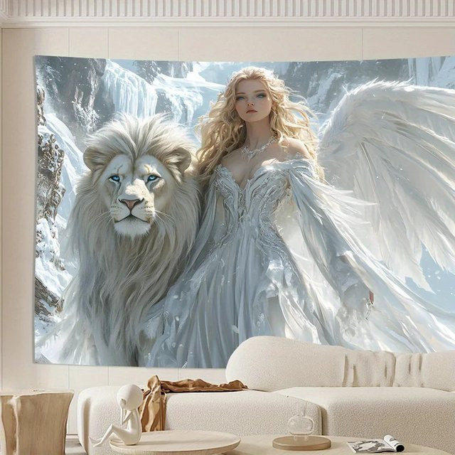 VIKAMA Wandteppich Eisengel mit schneebedeckter Berglandschaft in Weiß, moderne Textil-Wandkunst für dein Wohnzimmer oder Schlafzimmer - Bild 1