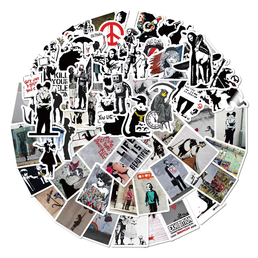 67 Stück Banksy Skulpturen Blumenwerfer Aufkleber im Street Art Graffiti Design, Multicolor, für Laptop, Skateboard und Handy - Bild 5