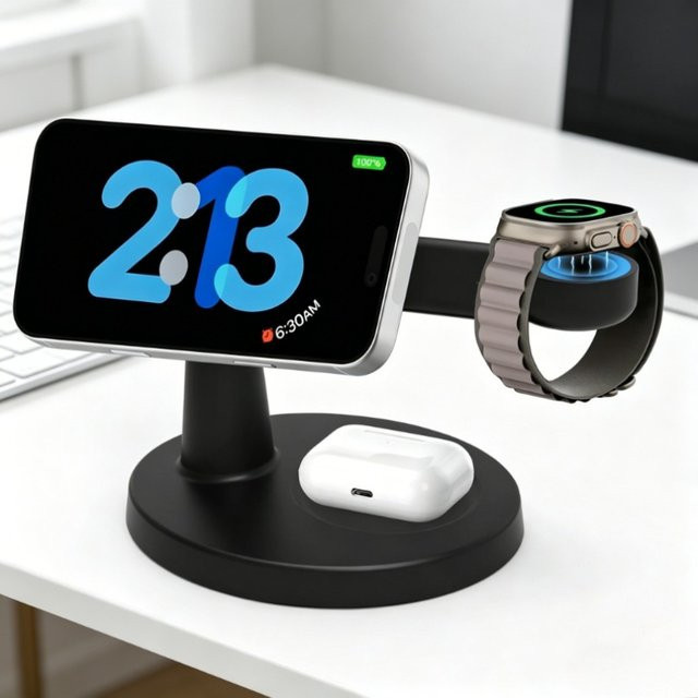 VIKEFON Magnetische 3-in-1 Kabellose Ladestation für MagSafe iPhone, Apple Watch und AirPods Pro in Schwarz - Bild 1