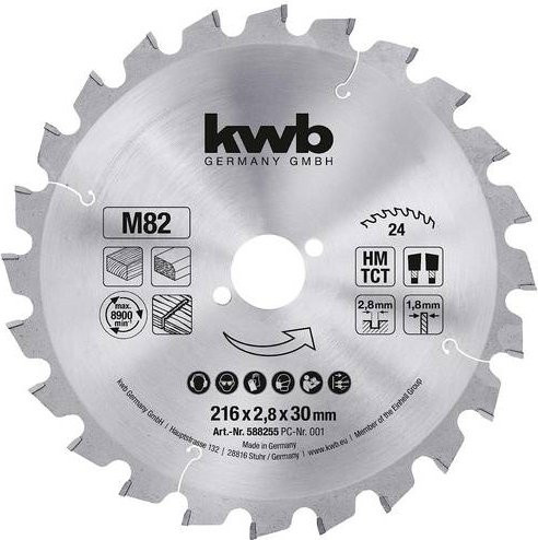 Kwb Kreissägeblatt für Holz und Kunststoff, Carbide Tipped, Silber, Durchmesser: 216 mm, Bohrung: 30 mm - Bild 1