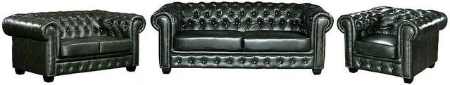 Vente-unique Couchgarnitur Brenton im Chesterfield-Design aus Leder, Tannengrün, B/T/H: 201 x 105 x 160 cm - Bild 1