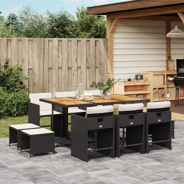 vidaXL 11-tlg. Garten-Essgruppe aus PE-Rattan und Akazienholz mit Kissen, Schwarz/Braun - Bild 3