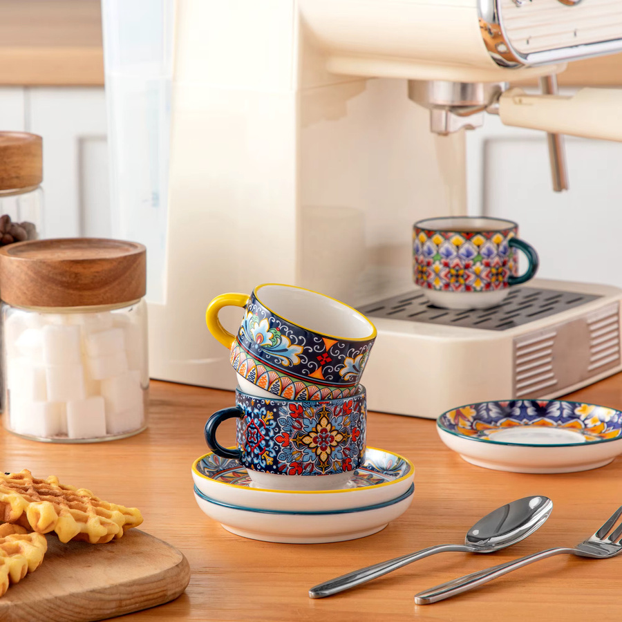 vancasso 6-teiliges Porzellan-Tassenset mit Untertassen und Metallständer, Mehrfarbiges Floral-Design für Espresso, Cappuccino, Latte und Tee - Bild 3
