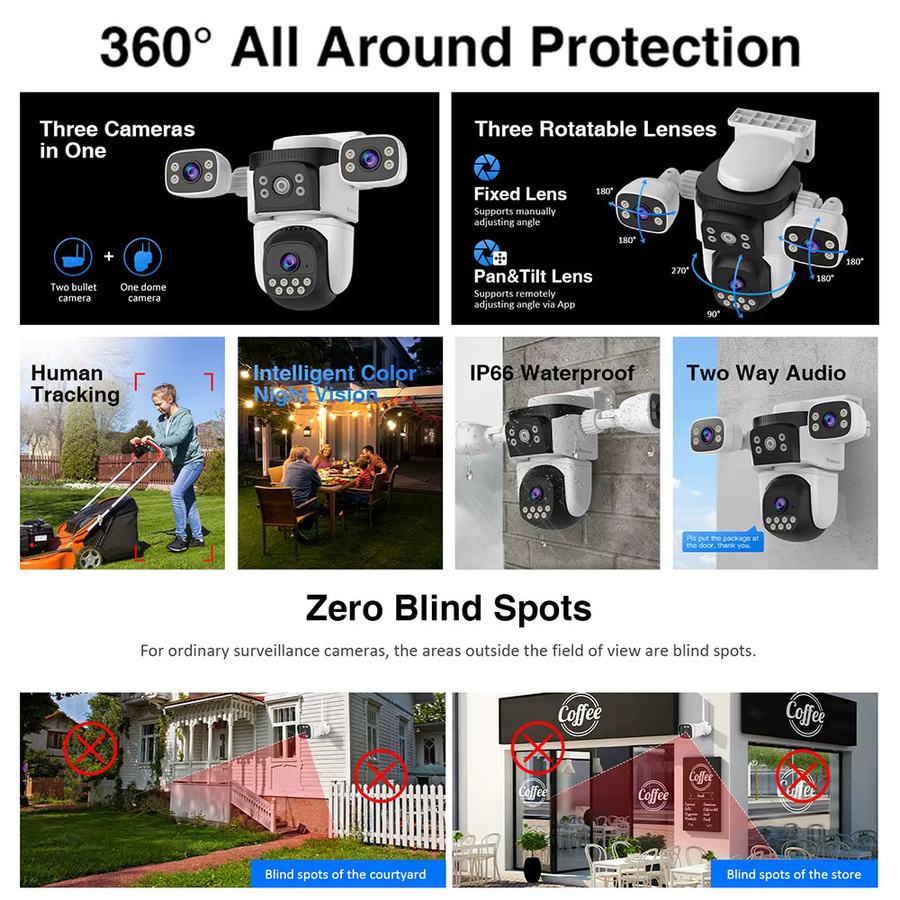 Vstarcam 4K IP-Kamera mit 3 Objektiven, 5-fachem Zoom und WiFi, PTZ-Videoüberwachungskamera für Innen- und Außenbereiche mit Menschenverfolgung und IP66 wasserdicht, Farbe: Weiß - Bild 3