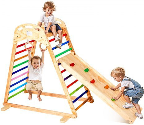 VEVOR 4-in-1 Indoor Playground Jungle Gym aus Kiefernholz mit Kletterwand, Rutsche, Leiter und Gymnastikringen im Montessori-Stil, Mehrfarbig - Bild 1