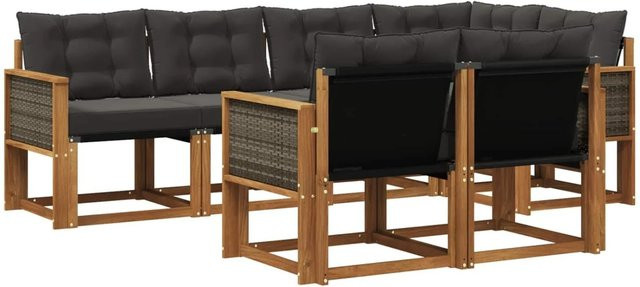 vidaXL Outdoor-Sofagarnitur L-Form aus massivem Akazienholz mit 7 Textilene-Kissen in Natur-Schwarz - Bild 1